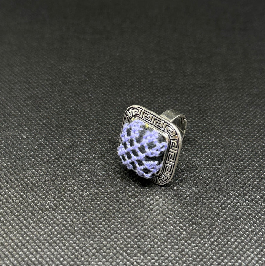 Square Silver Tatreez Embroidered Ring – Light Purple