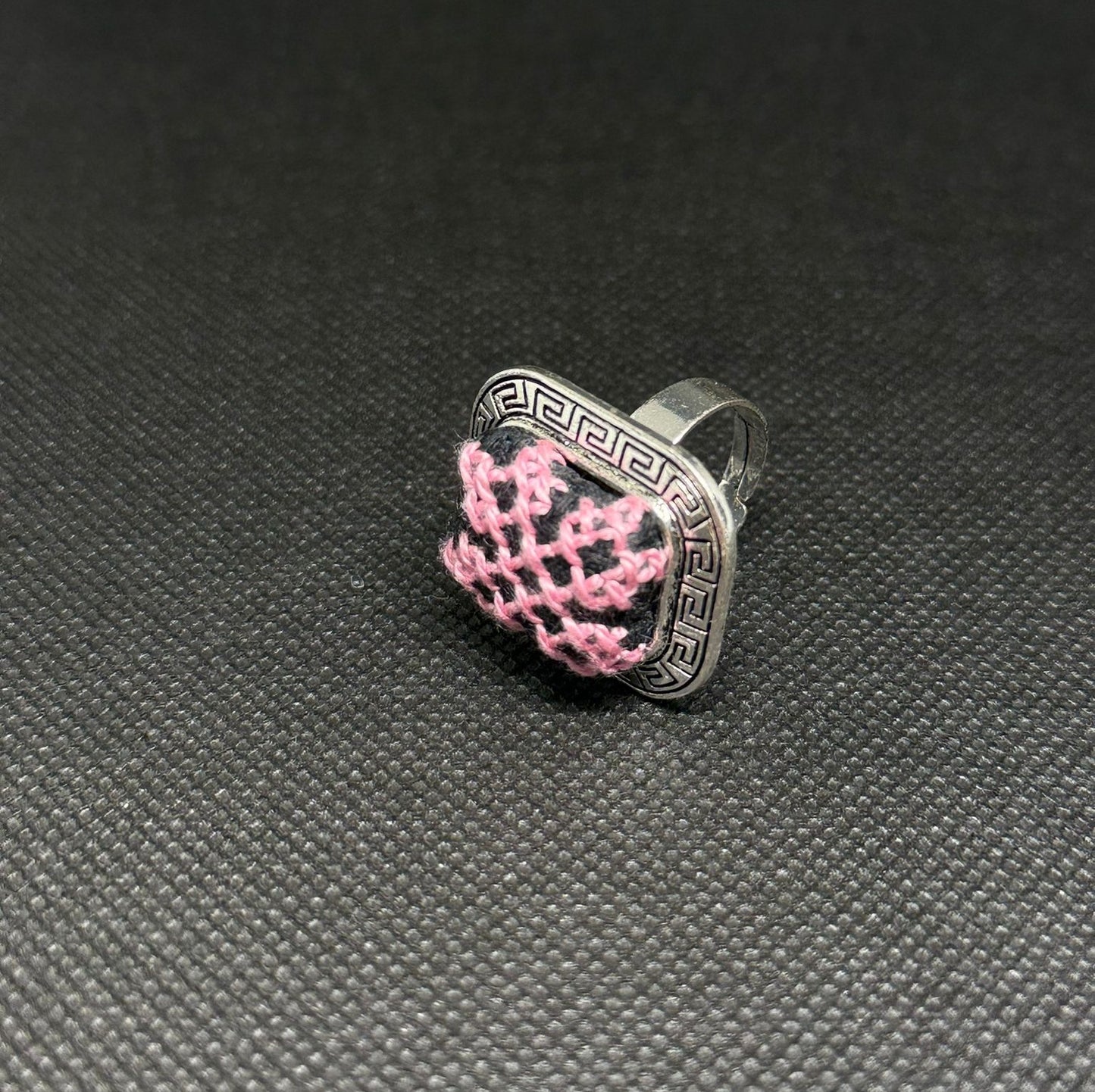 Square Silver Tatreez Embroidered Ring – Pink