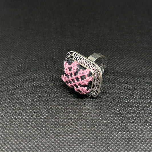 Square Silver Tatreez Embroidered Ring – Pink