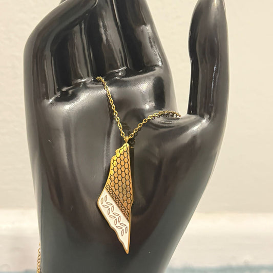 Gold Palestine Map Necklace with Keffiyeh & Olive Motif