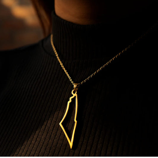 Golden Palestine Map Outline Necklace – Minimalist Heritage Design
