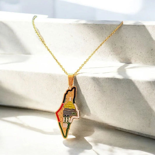 🇵🇸 Palestine Map Necklace — Dome of the Rock (Gold Plated, Enamel Colors)