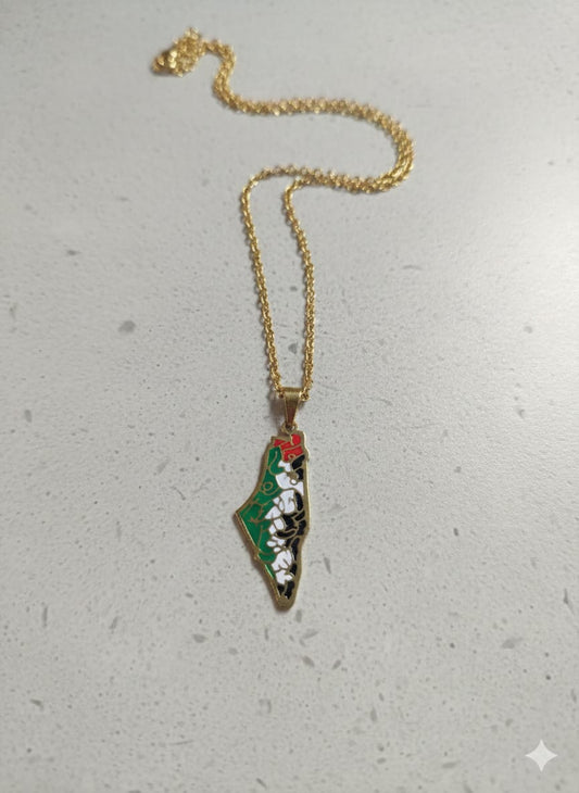 Palestine Map Necklace – Gold Plated | Flag Colors & Kufiya Design | Symbol of Heritage