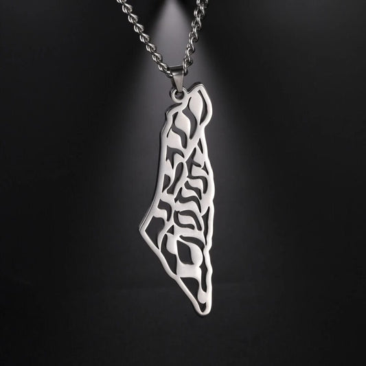 Stainless Steel Palestine Map Necklace – Arabic Calligraphy Cutout Design