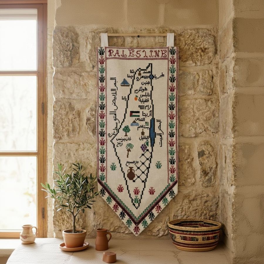 Palestinian Embroidered Map Wall Hanging – Heritage Tatreez Décor | التعليقة الجدارية بخريطة فلسطين المطرزة بالتطريز التراثي