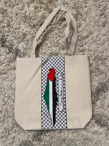 Vertical Keffiyeh Stripe Tote Bag | Embroidered Flag Map