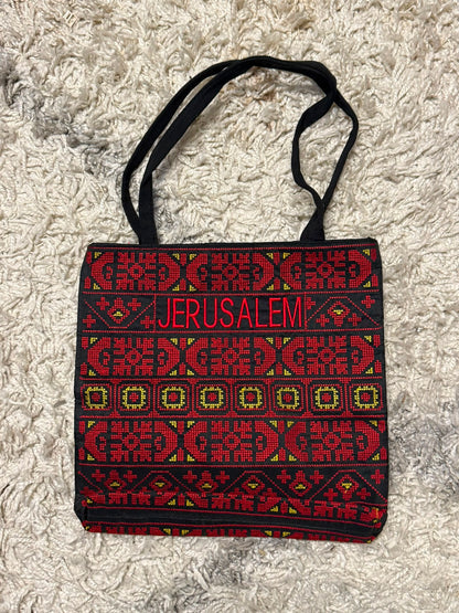 Jerusalem Tatreez Heritage Tote Bag | Red & Yellow Geometric Embroidery