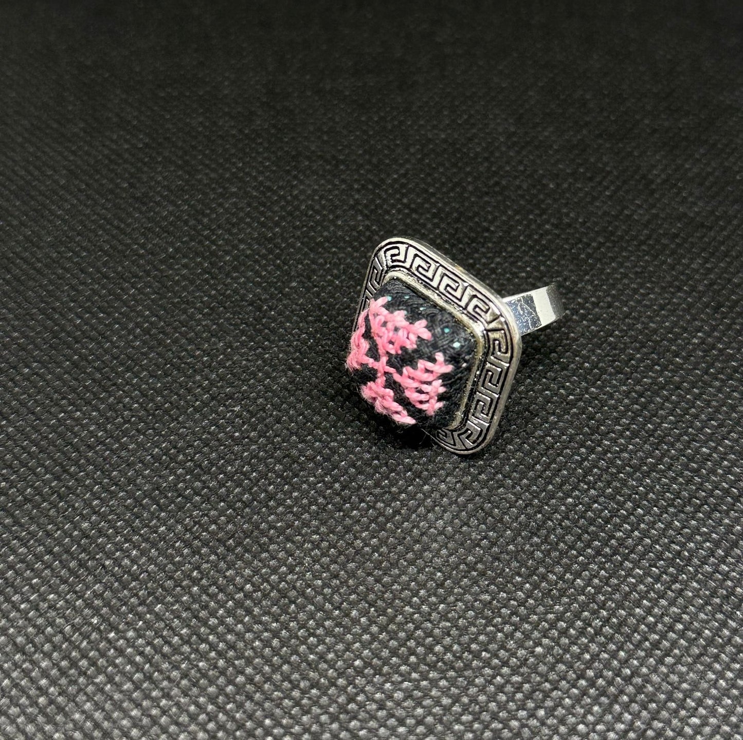 Square Silver Tatreez Embroidered Ring – Pink