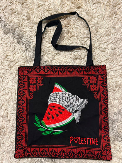 Artisanal Tatreez-Bordered 'Palestine' Heritage Tote Bag - Watermelon, Keffiyeh, & Olive Branch