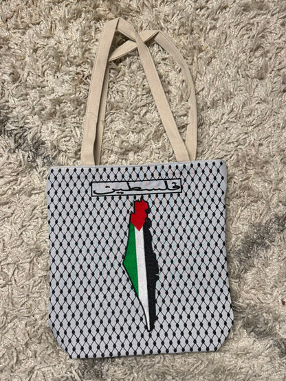 Artisanal 'Palestine' Heritage Calligraphy & Flag Map Tote Bag