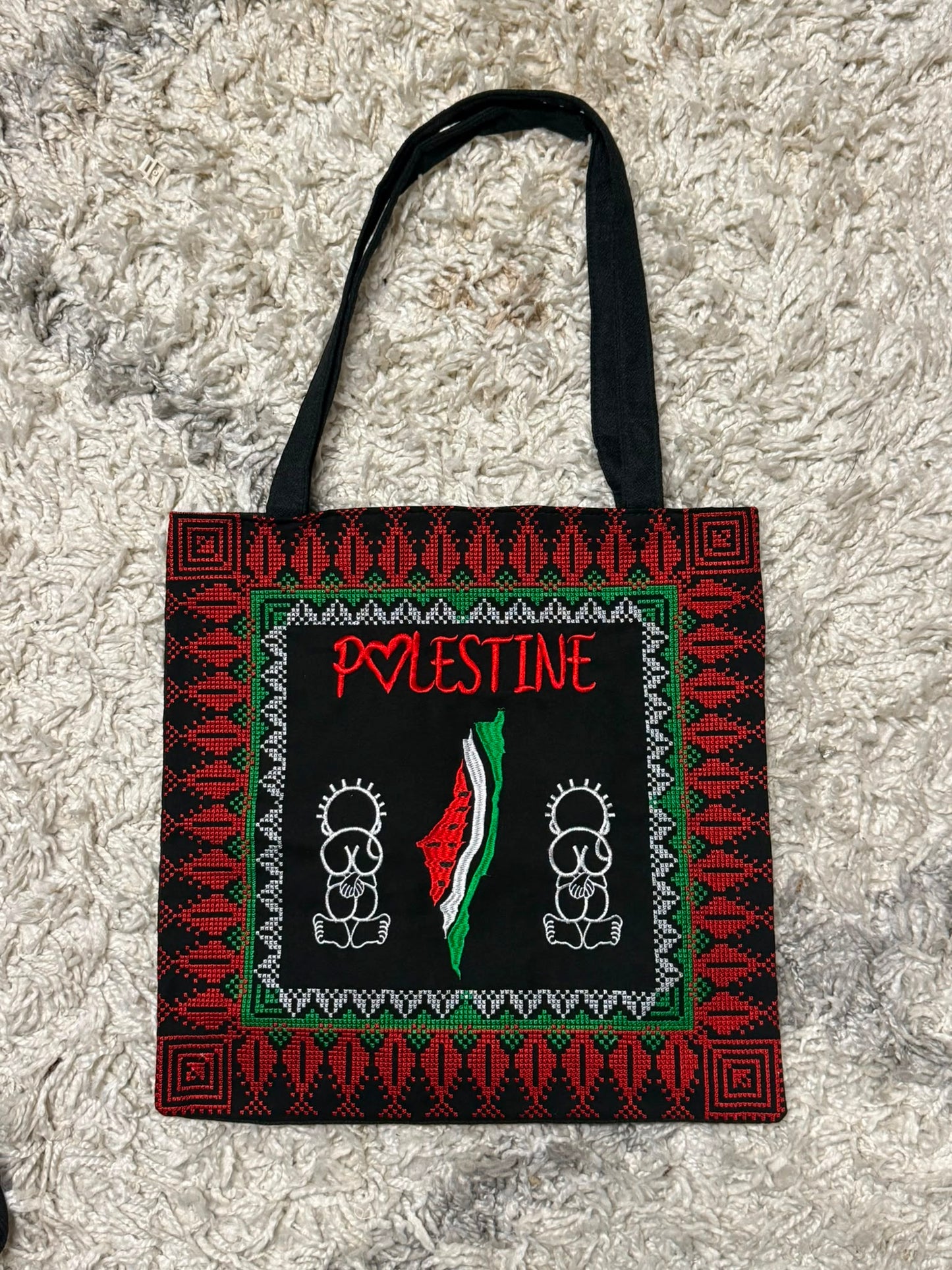 Tatreez Heritage Tote Bag | Watermelon Map & Handala