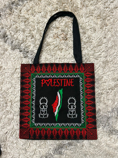 Tatreez Heritage Tote Bag | Watermelon Map & Handala