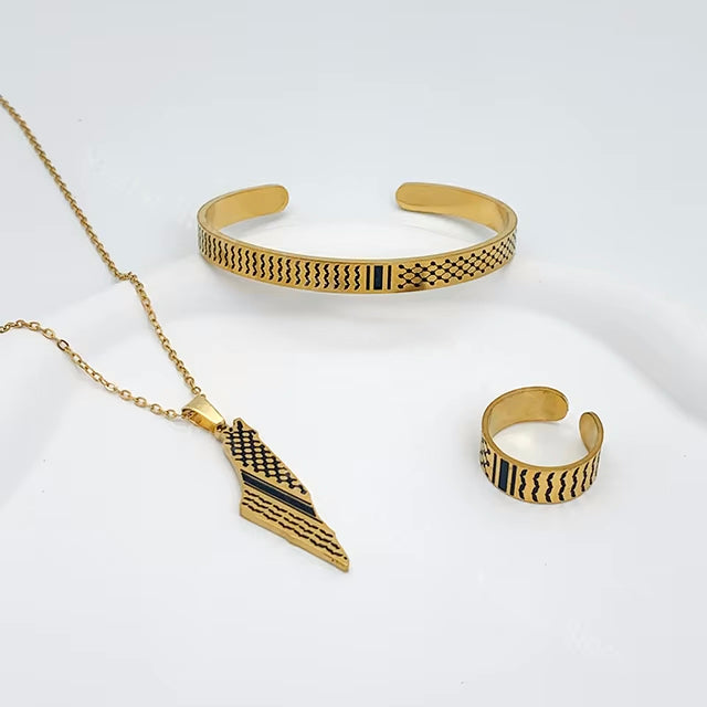 Palestinian Pride Collection: Stainless Steel Ring, Necklace, and Wristband with Traditional Kufiyah Pattern