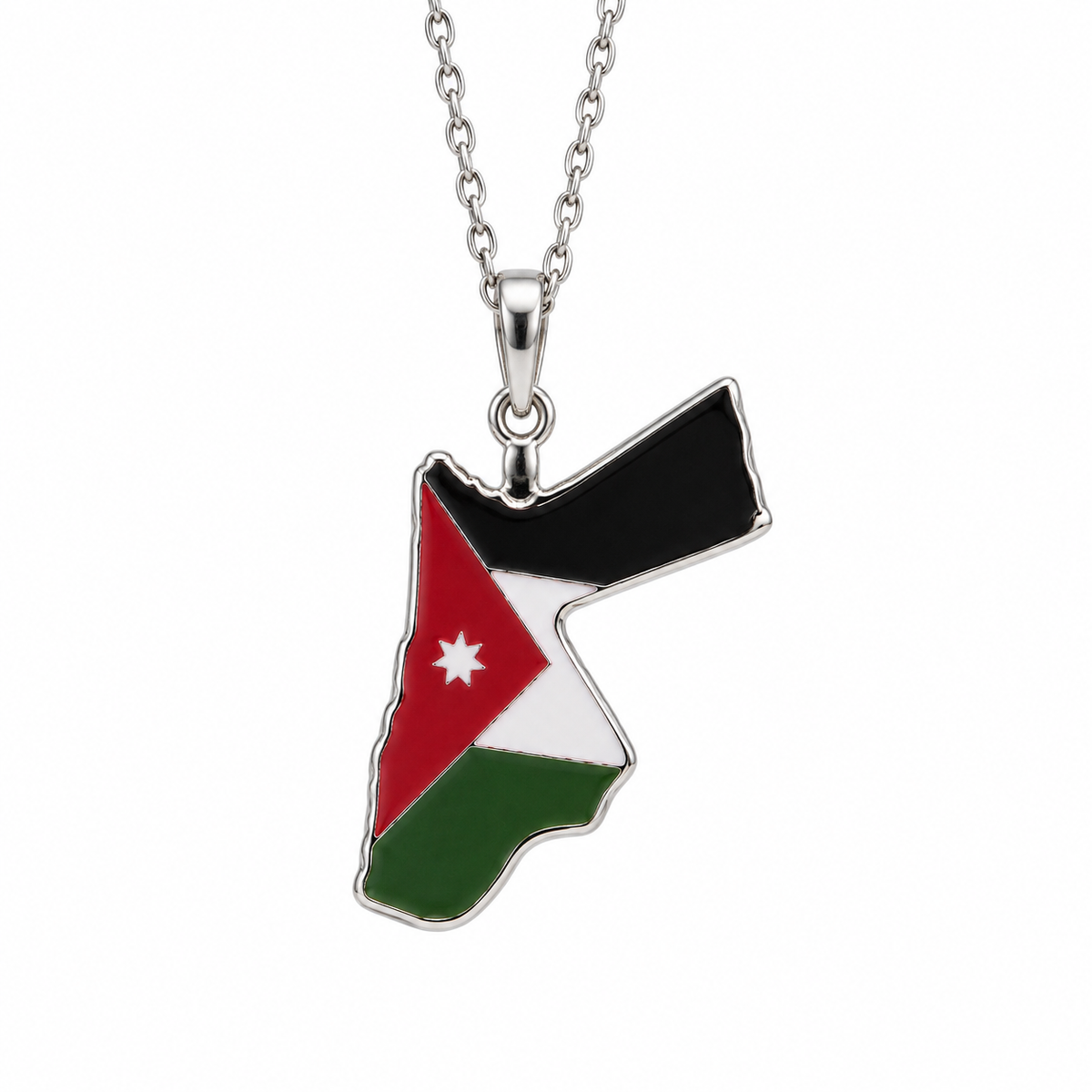 Silver-tone Jordan map necklace displaying the Jordanian flag and white star on a white background.