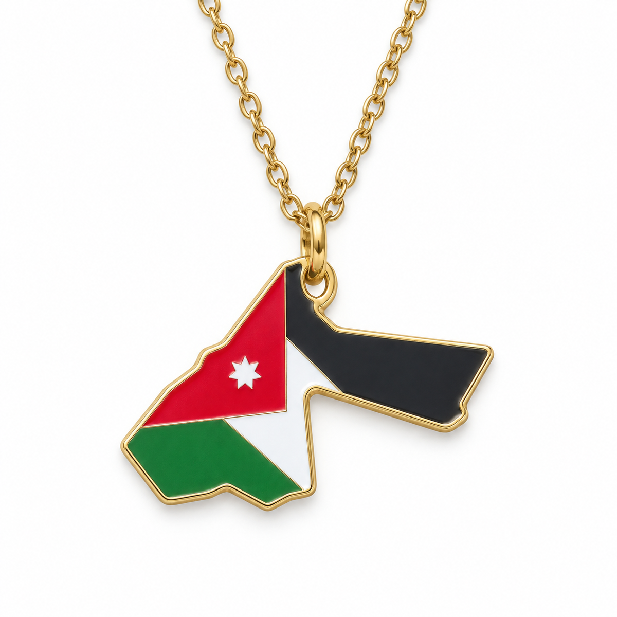 Gold-tone Jordan map necklace displaying the Jordanian flag and white star on a white background.