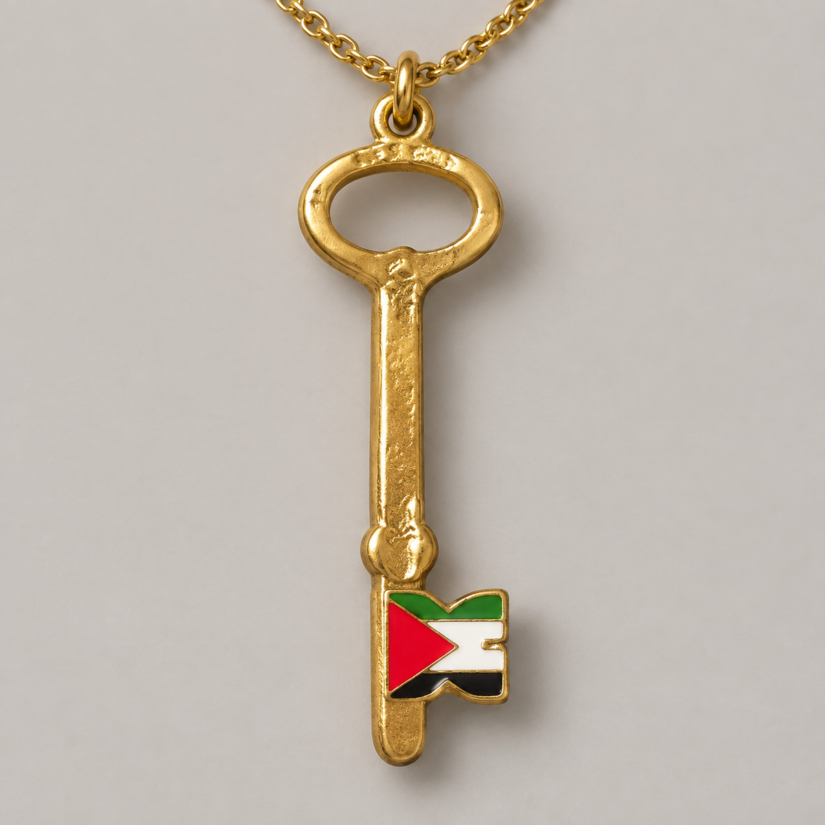 Close-up of the oval key top, narrow shaft and flag-colored detail on a gold-tone Palestine key necklace.