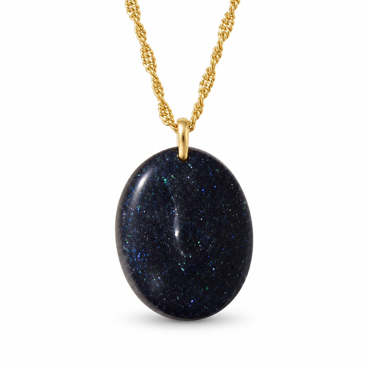 Dark navy-blue oval pendant with fine shimmering flecks on a gold-tone chain against a white background.