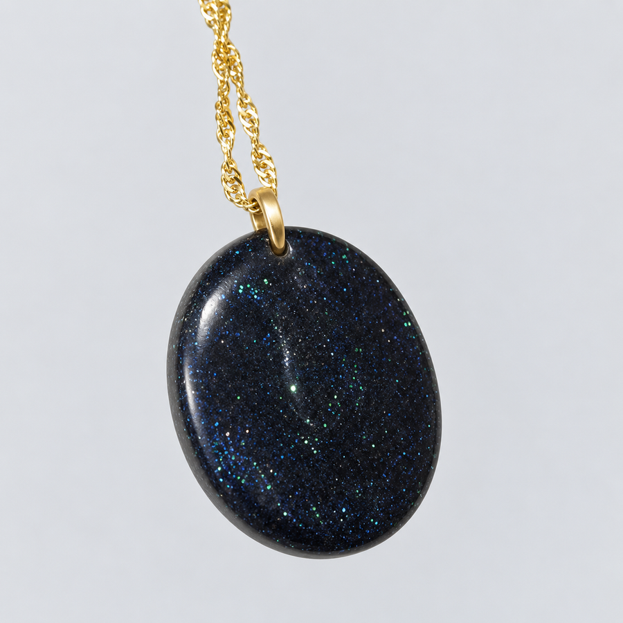 Midnight Blue Shimmer Oval Necklace – Gold-Tone Chain
