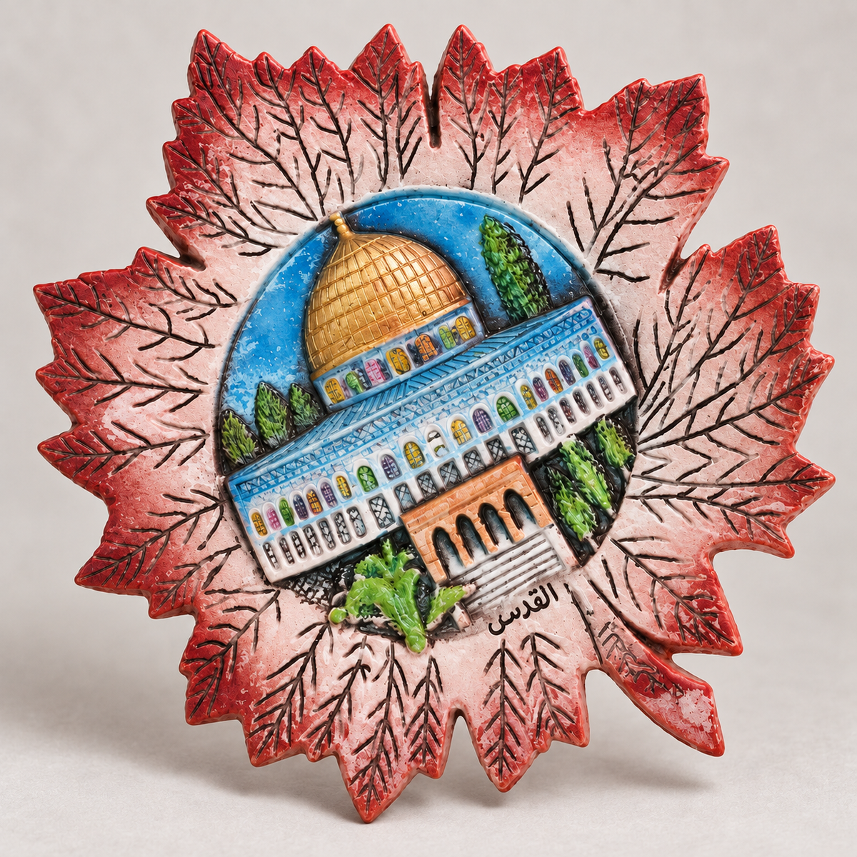 Pink Leaf-Shaped Dome of the Rock Relief Plaque — detail of the visible front design.