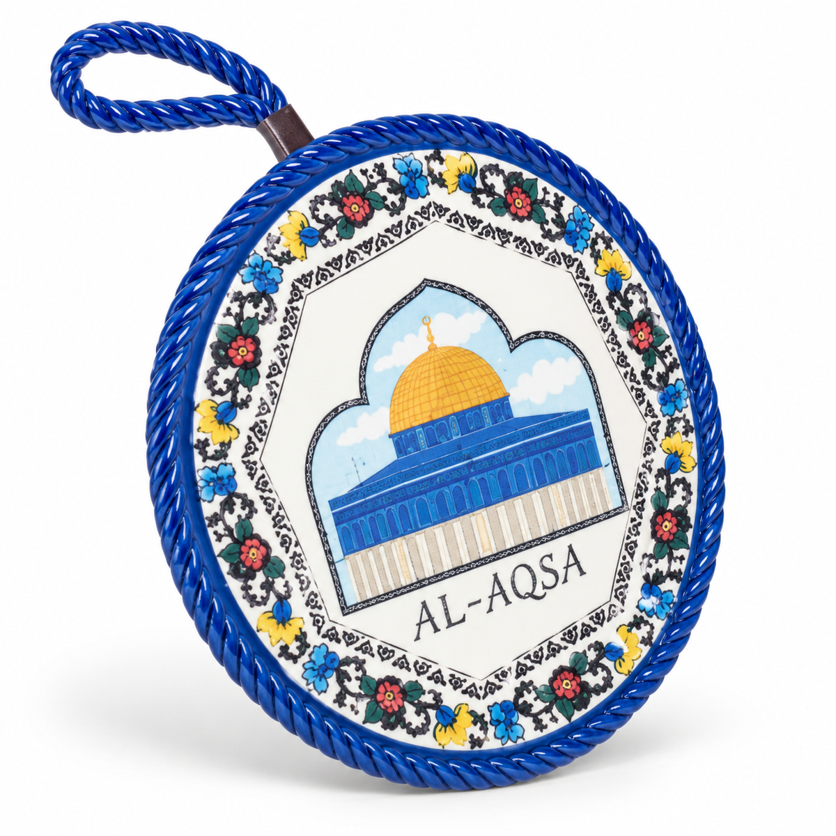 Al Aqsa Dome Decorative Hanging Plate – Blue Floral Border — visible decorated face.
