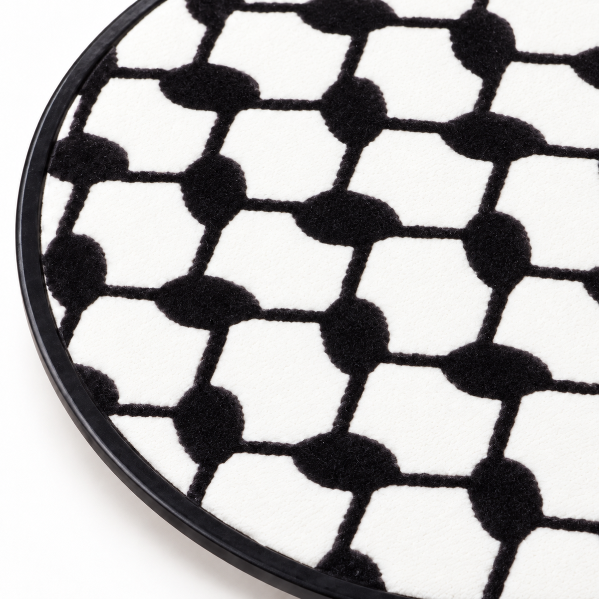 Black & White Keffiyeh Grid Decorative Round — close view of the pattern and rim.