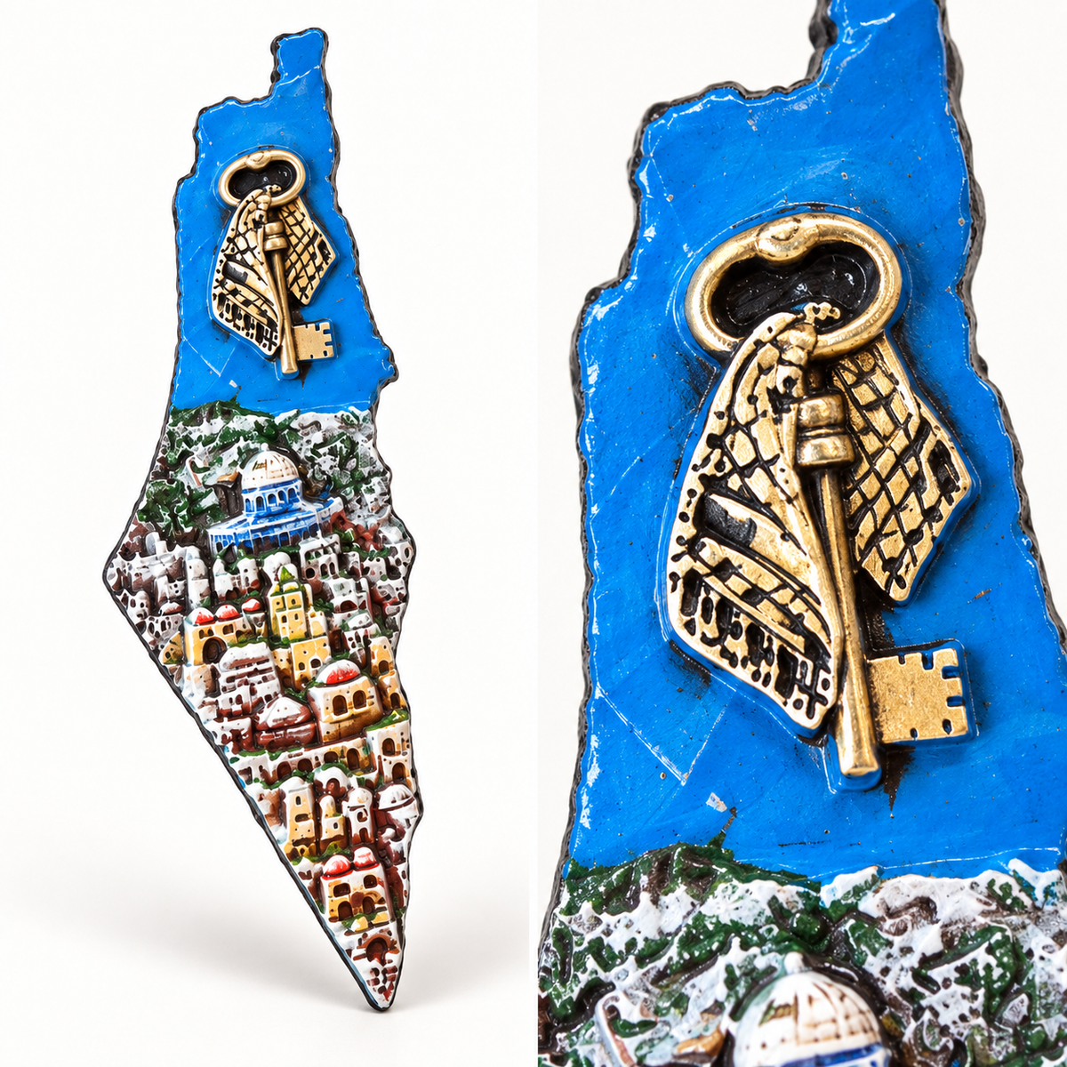 Close view of the key and cityscape details on the blue Palestine map relief.
