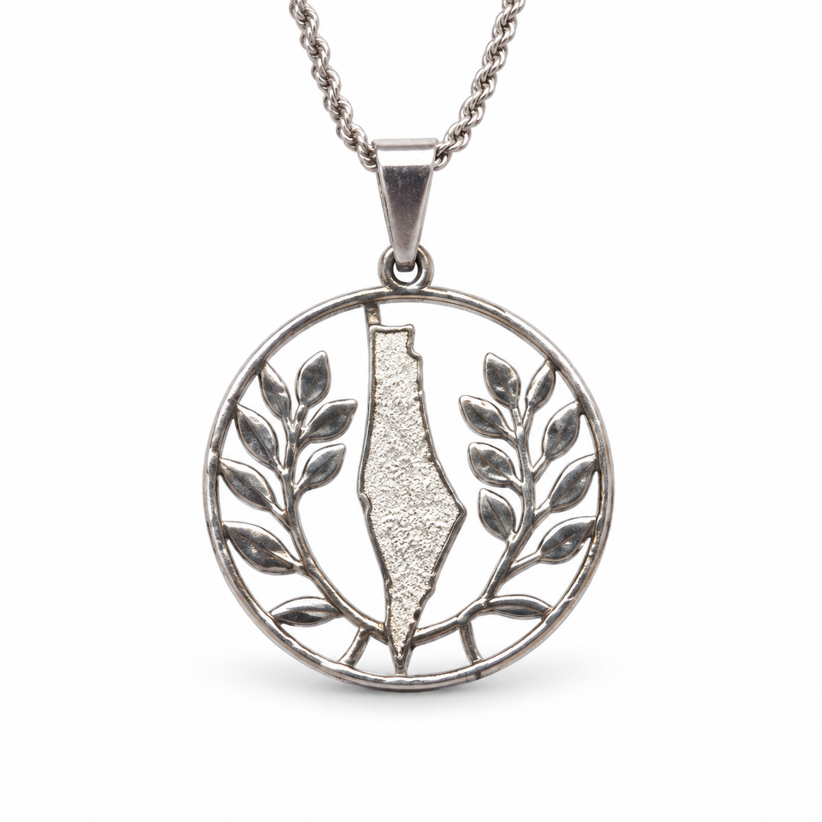 Palestine Map & Olive Branch Circle Necklace – Silver Tone — full product view.