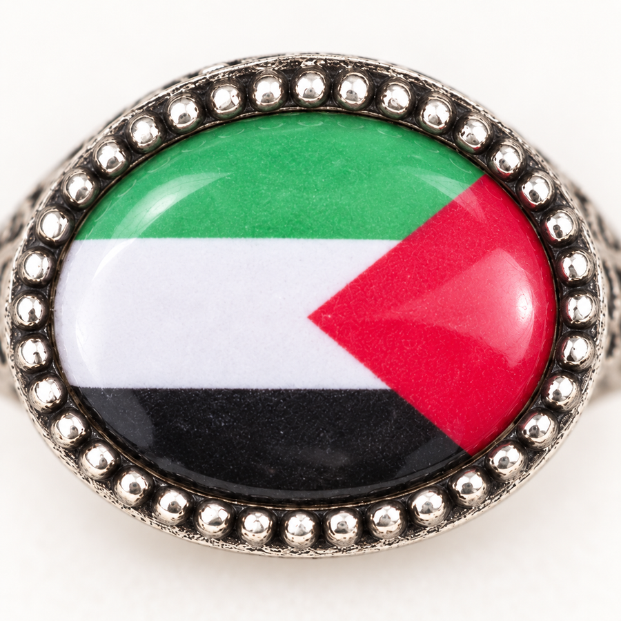 Beaded-Rim Palestine Flag Ring – Silver Tone