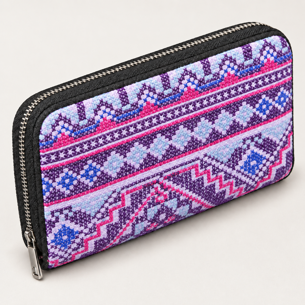 Lavender, Pink & Blue Geometric Embroidered Zip Purse — detail of the visible front design.