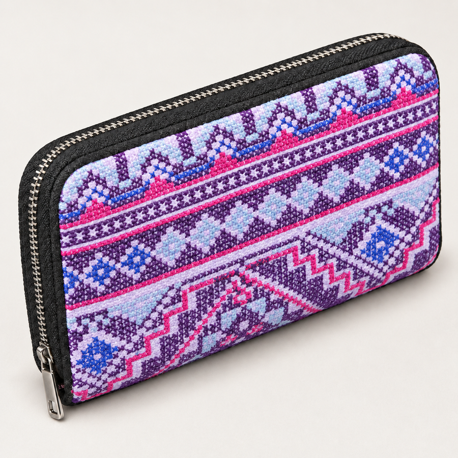 Lavender, Pink & Blue Geometric Embroidered Zip Purse