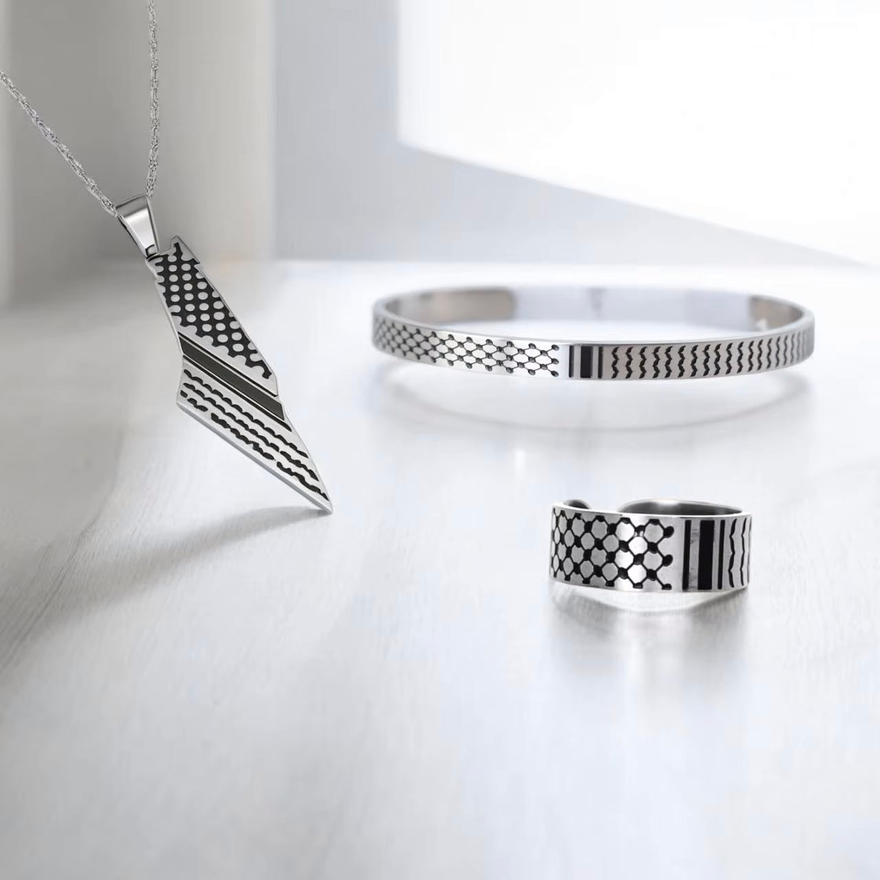 Palestinian Pride Collection: Stainless Steel Ring, Necklace, and Wristband with Traditional Kufiyah Pattern