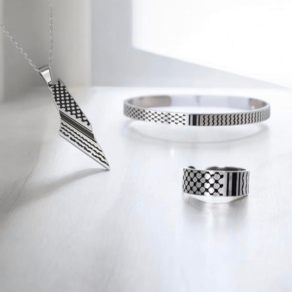 Palestinian Pride Collection: Stainless Steel Ring, Necklace, and Wristband with Traditional Kufiyah Pattern