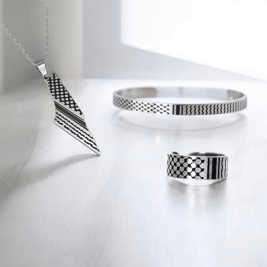 Palestinian Pride Collection: Stainless Steel Ring, Necklace, and Wristband with Traditional Kufiyah Pattern