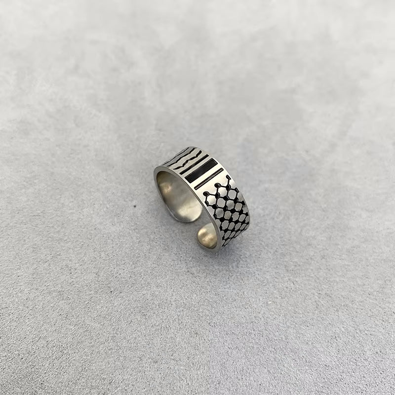 Palestinian Pride Collection: Stainless Steel Ring, Necklace, and Wristband with Traditional Kufiyah Pattern