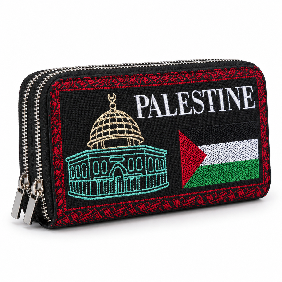 Black double-zip wallet embroidered with PALESTINE lettering, a dome, the Palestinian flag and a red patterned border.
