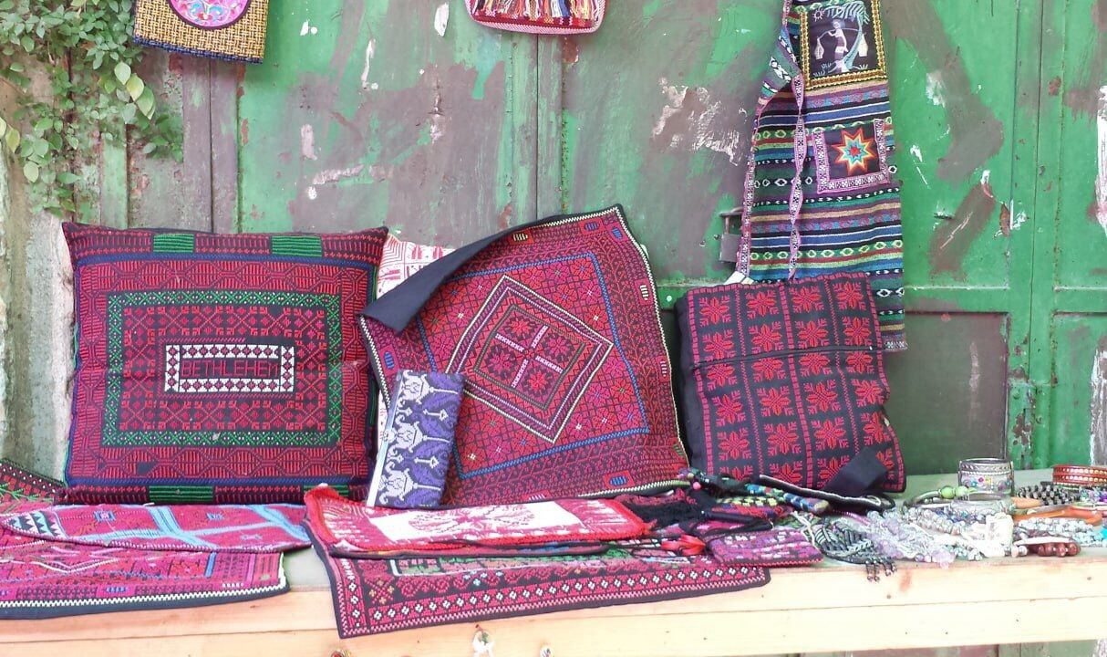 Palestinian embroidery displayed in Hebron Old City market